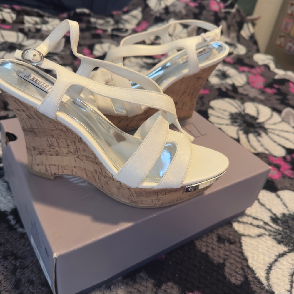 Jennifer Lopez White Wedge Sandals with Cork Heel